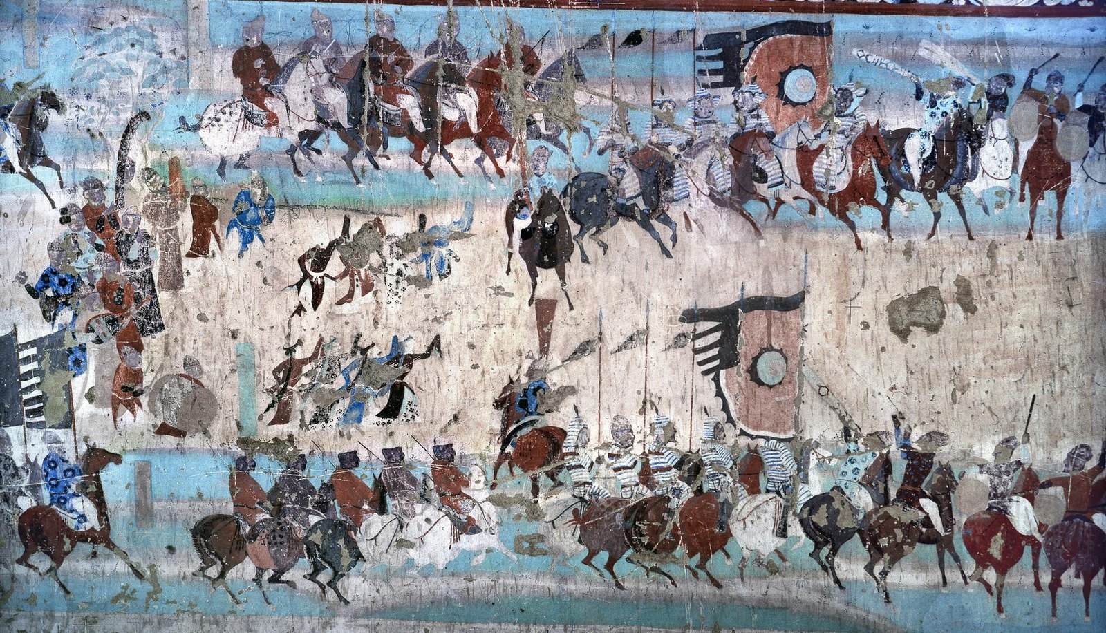 Późnotangowskie malowidło ścienne z groty Mogao 156 w Dunhuangu przedstawiające kolumny opancerzonej jazdy z kopiami i sztandarami, ilustracja tangowskiej armii pogranicza z tej epoki