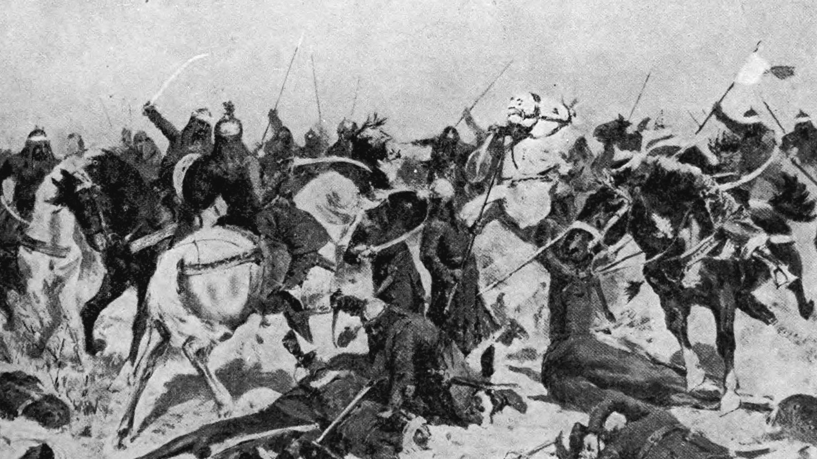 Early twentieth century illustration of Rajput warriors in battle against mounted Ghurid troops