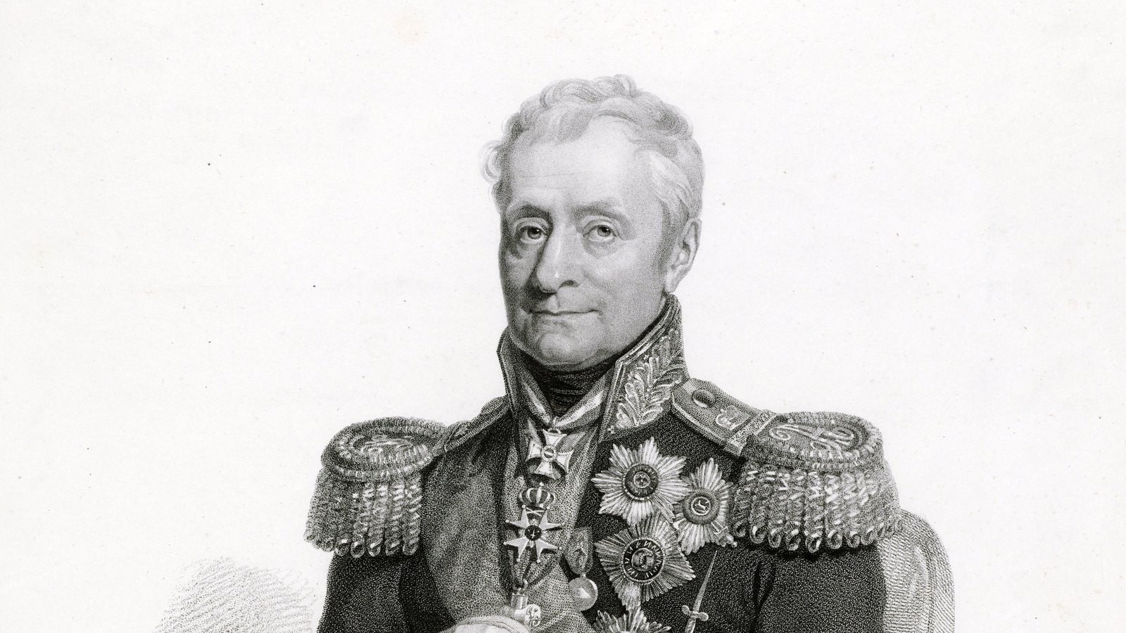 Engraved portrait of an elderly general with white hair in a dark uniform with heavy epaulettes and rows of stars and crosses, his hands resting on the hilt of a sword.