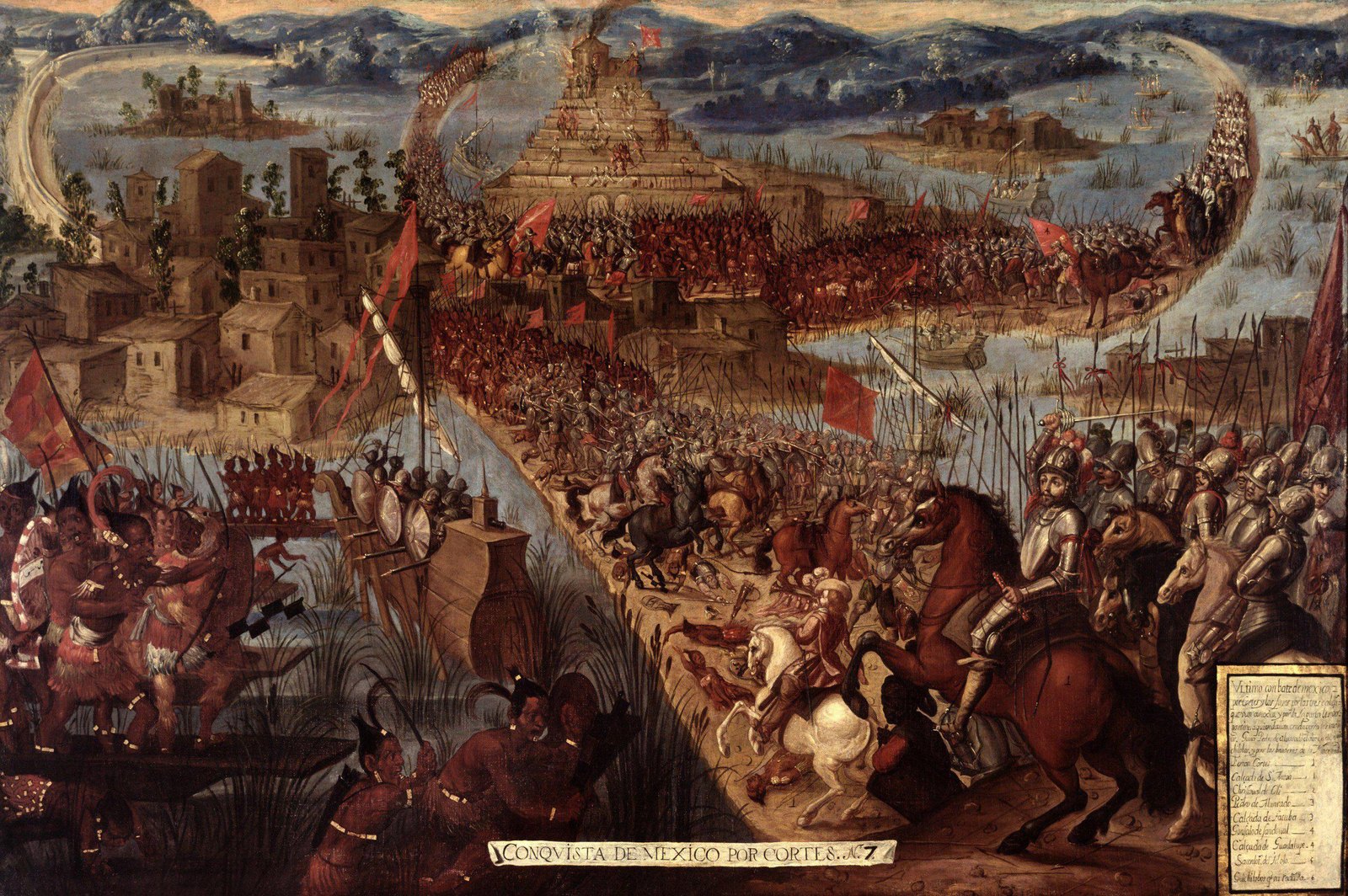 Seventeenth-century painting of the conquest of Tenochtitlan: Spanish horsemen led by Cortés and their allies fight along the causeway toward the Great Temple while Aztec warriors battle from canoes in the lake