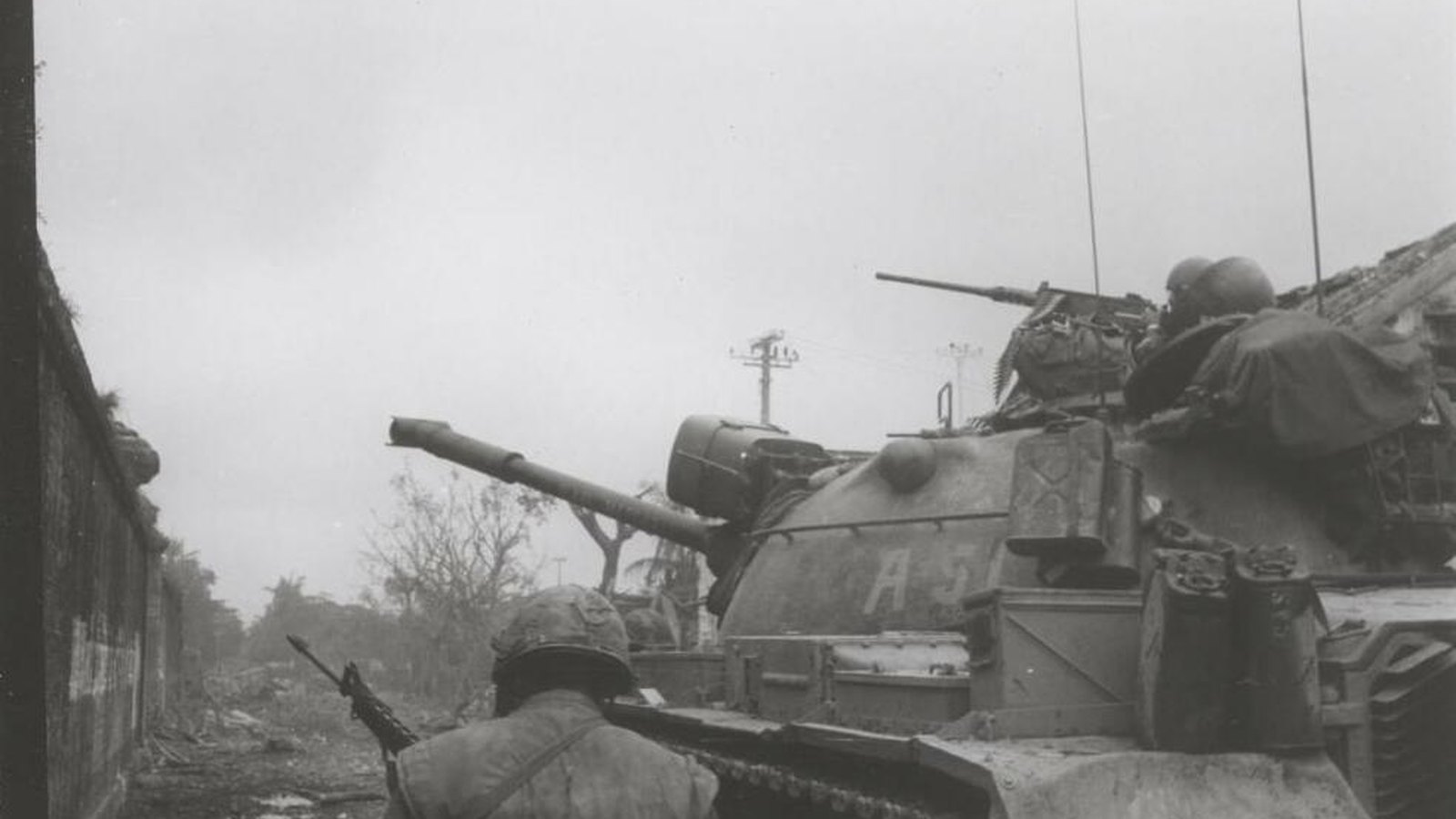 US Marines advancing with tank support during the Battle of Hue in the Tet Offensive, 1968