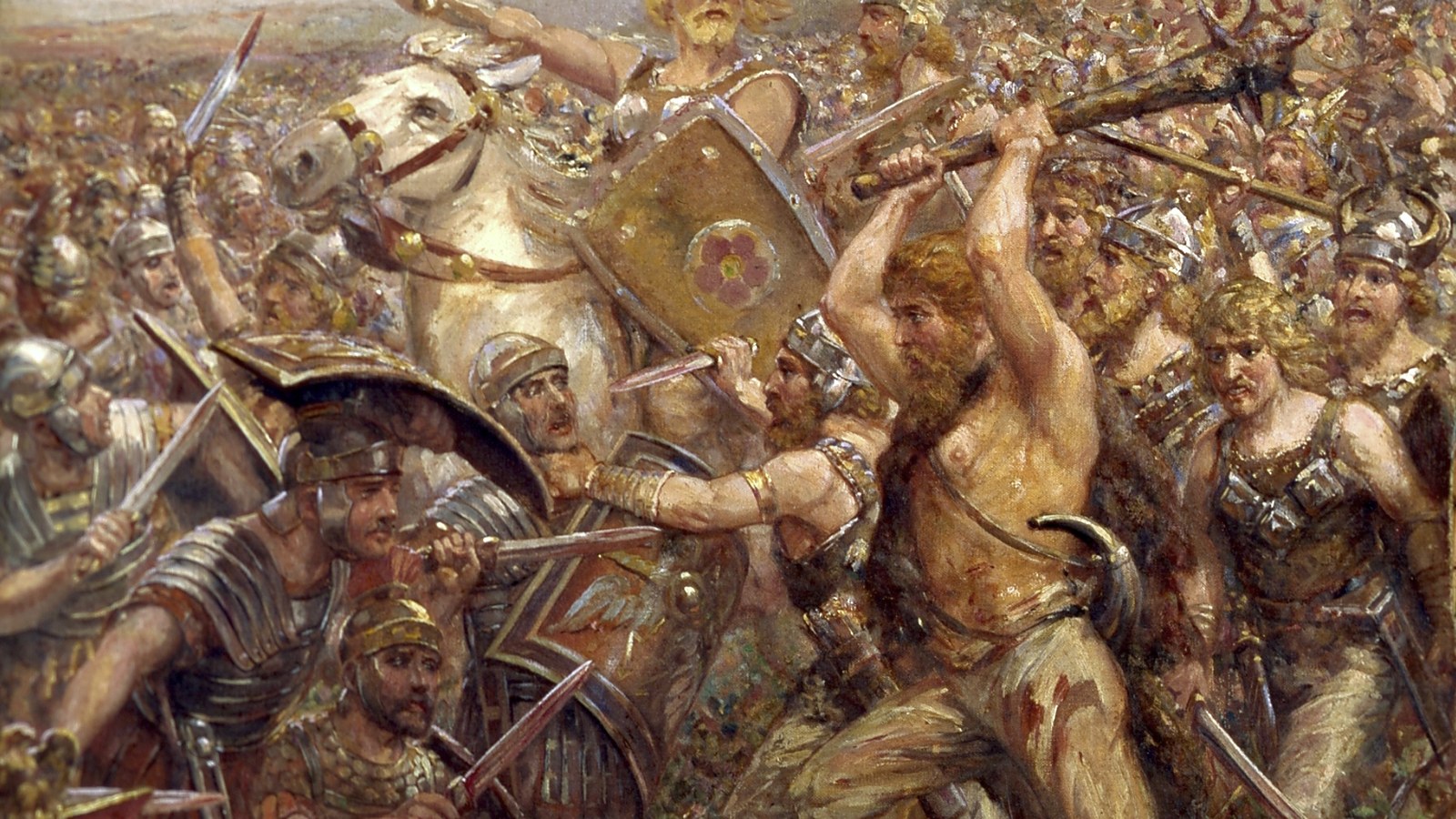 Germanic warriors falling on Roman legionaries in a dark forest ambush