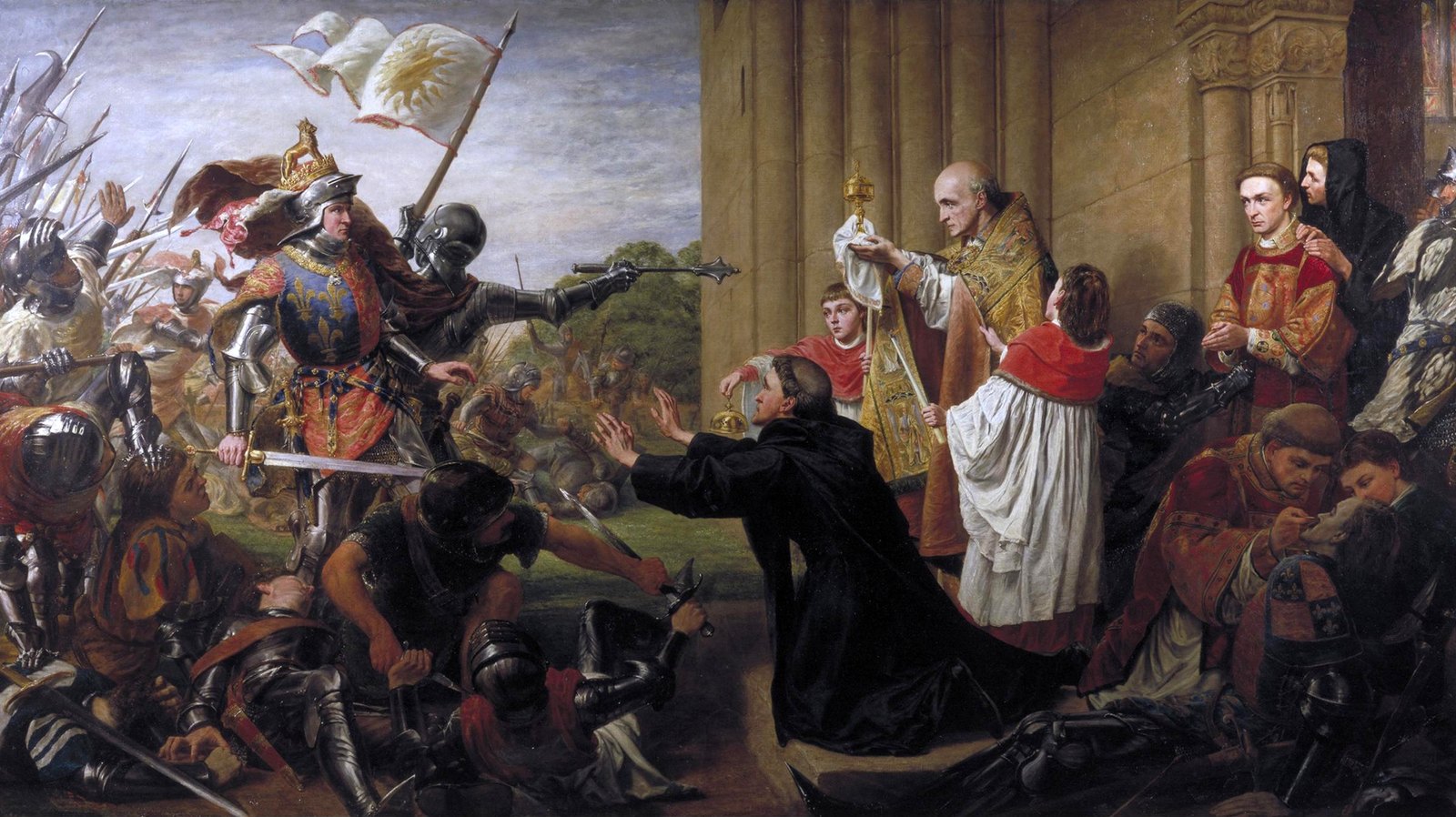 Victorian painting of King Edward IV in armor and a royal surcoat, sword drawn and soldiers behind him, halted at the door of Tewkesbury Abbey by a priest holding up the Host while a monk kneels before him and wounded Lancastrians shelter inside.