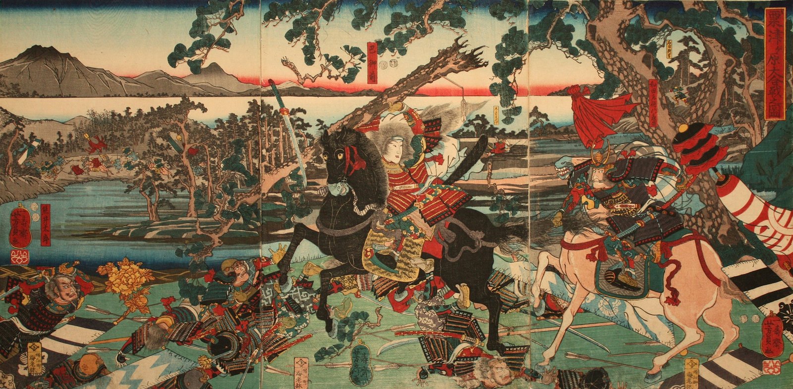 Japanese woodblock triptych of a woman warrior in red armor on a black horse raising a sword under a broken pine, a horseman in a horned helmet charging at her from the right, fallen warriors in the grass and a lake and mountains behind. The Battle of Awazugahara, a woodblock triptych by Utagawa Yoshikazu, Edo period. Public domain.