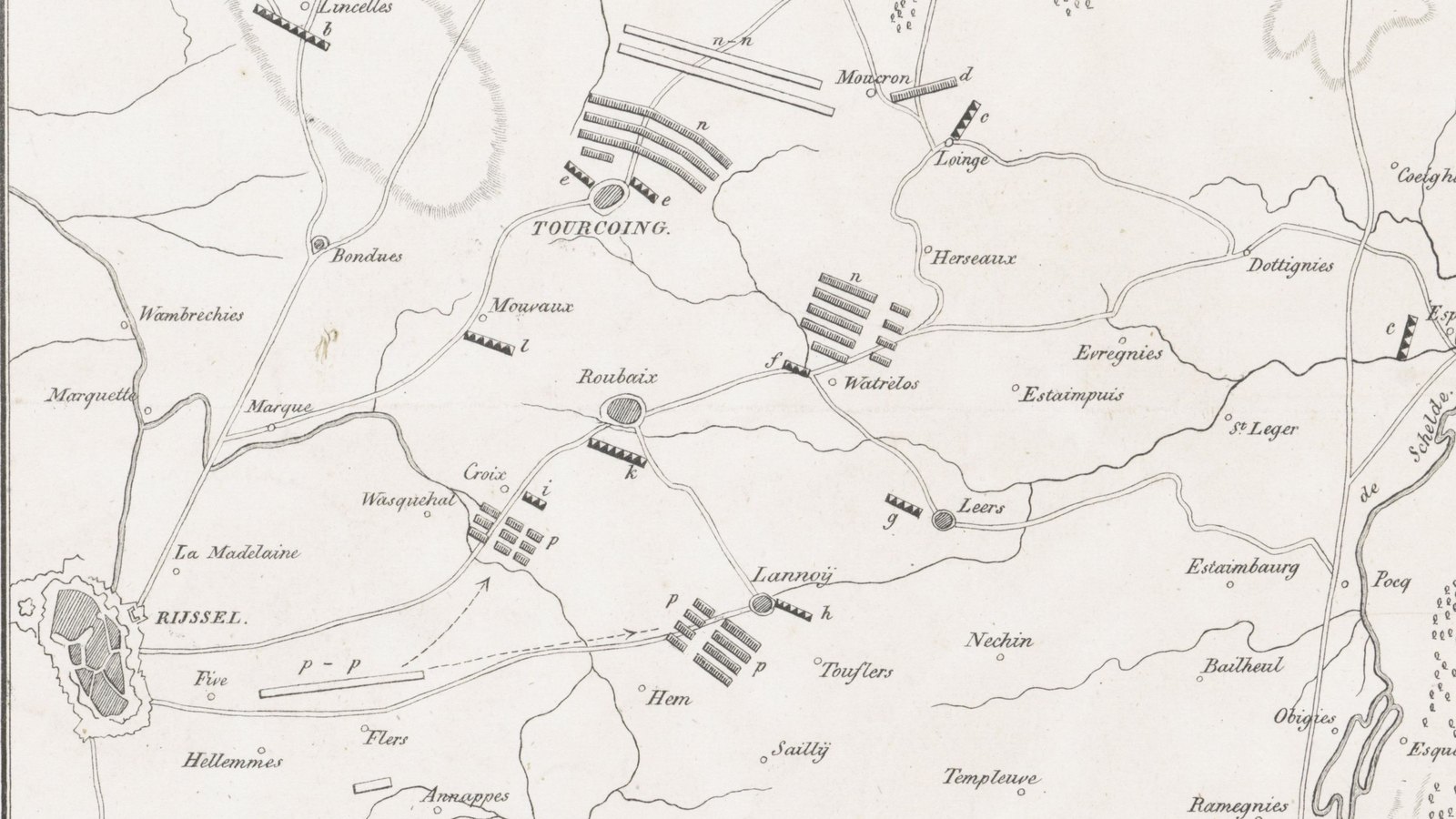 Nineteenth-century engraved map of the country between Lille, Tourcoing, Roubaix and Lannoy, with rectangles marking Allied and French troop positions.