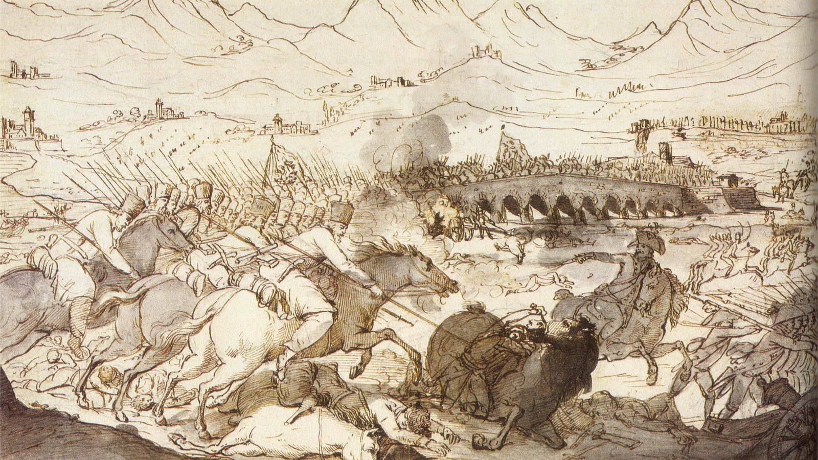 Pen and wash drawing of cavalry and infantry charging across a river plain toward a stone bridge, with smoke, fallen horses and mountains in the background.