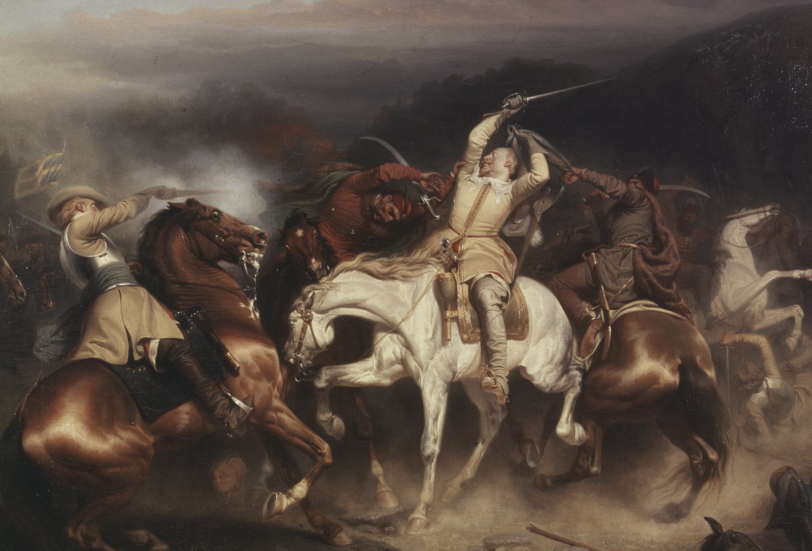 Obraz Carla Wahlboma z 1853 roku: król szwedzki Gustaw II Adolf pod Sztumem (Trzcianą) z uniesionym mieczem, otoczony przez polskich jeźdźców