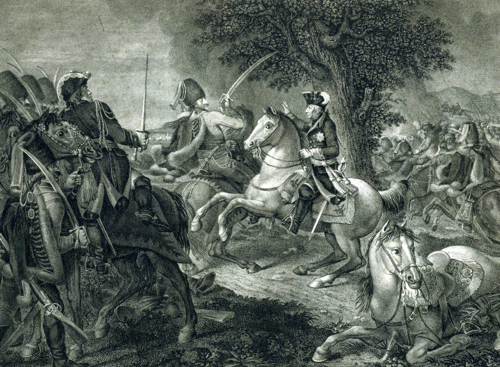 Engraving of a cavalry melee beside a large oak: King Frederick II in a tricorn hat on a rearing white horse raises his hand, while a hussar beside him swings a sabre at oncoming horsemen, grenadiers in tall caps press in from the left and fallen horses lie in the foreground.