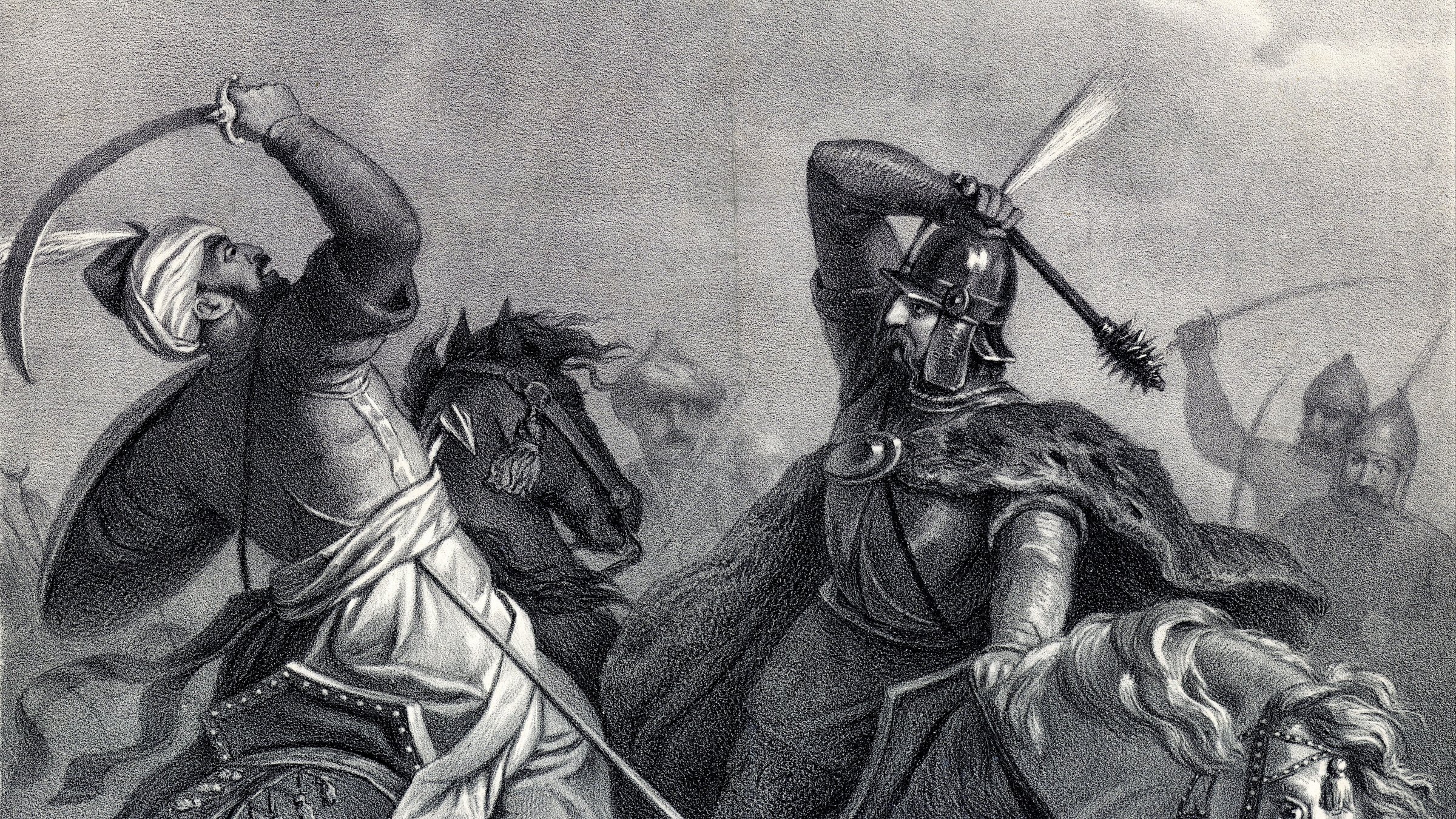 Lithograph of two horsemen clashing in battle: on the left a turbaned rider raises a curved saber, on the right a bearded knight in a helmet and fur cloak swings a spiked mace, with soldiers behind them