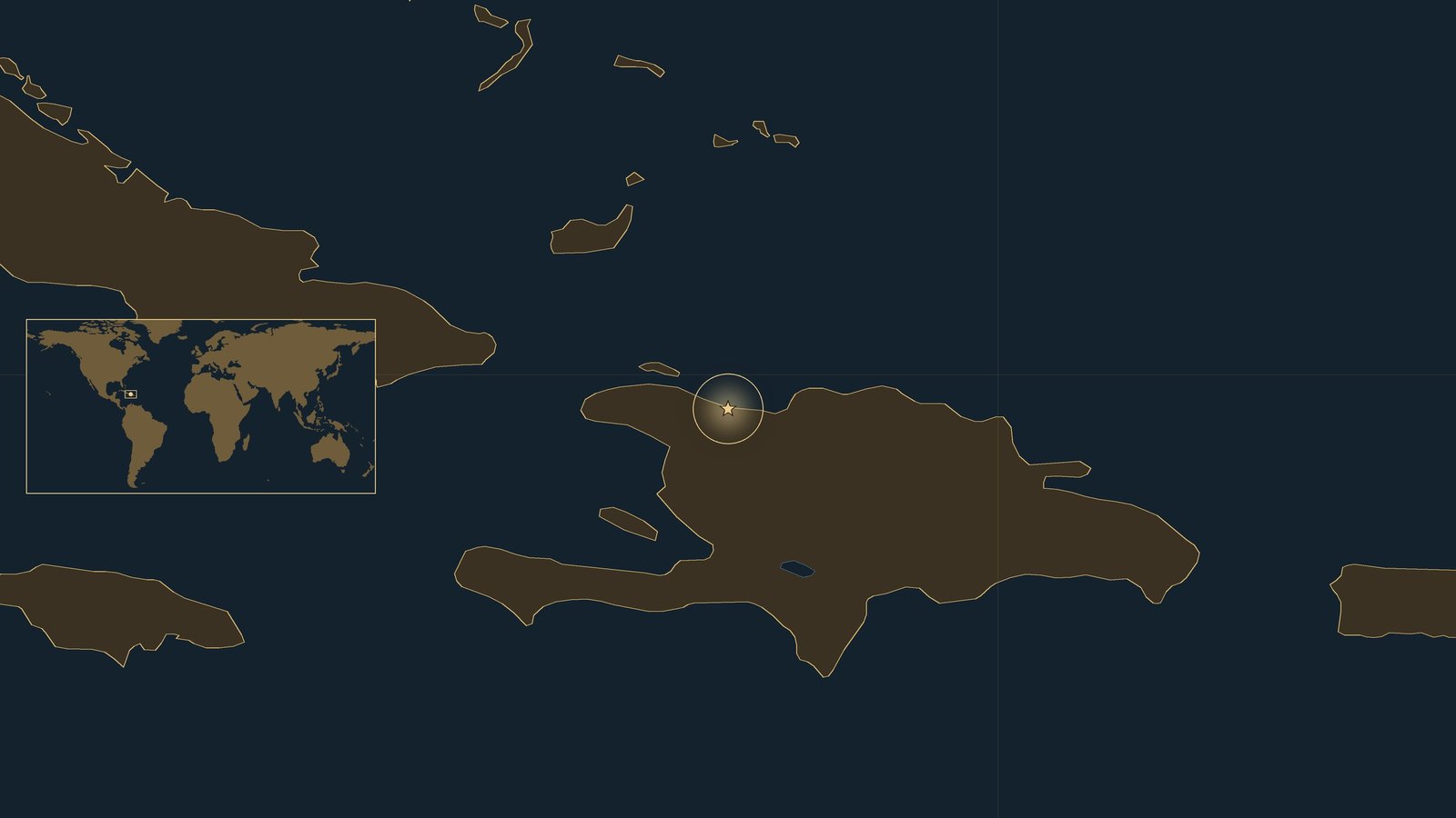 Dark locator map of the Caribbean showing Hispaniola, Cuba, Jamaica and the Bahamas, with a gold star on the north coast of Hispaniola outside Cap-Haïtien and a world inset.