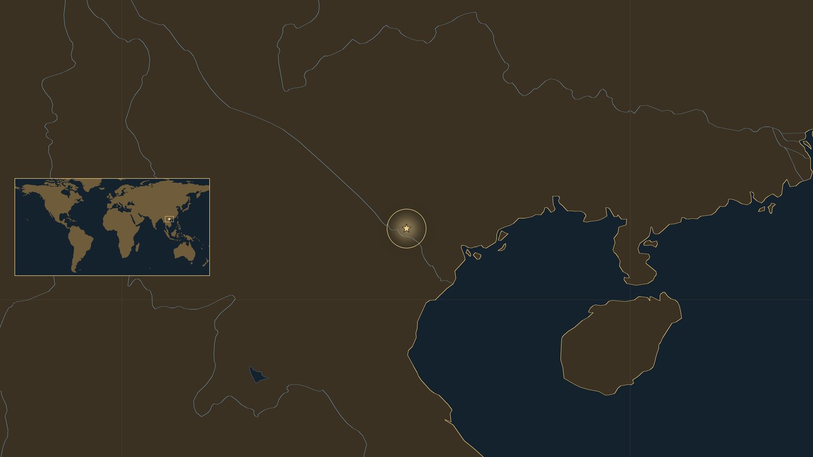 Dark locator map of northern Vietnam and southern China with the Gulf of Tonkin, the Red River and a gold star northwest of Hanoi, with a small world map inset.