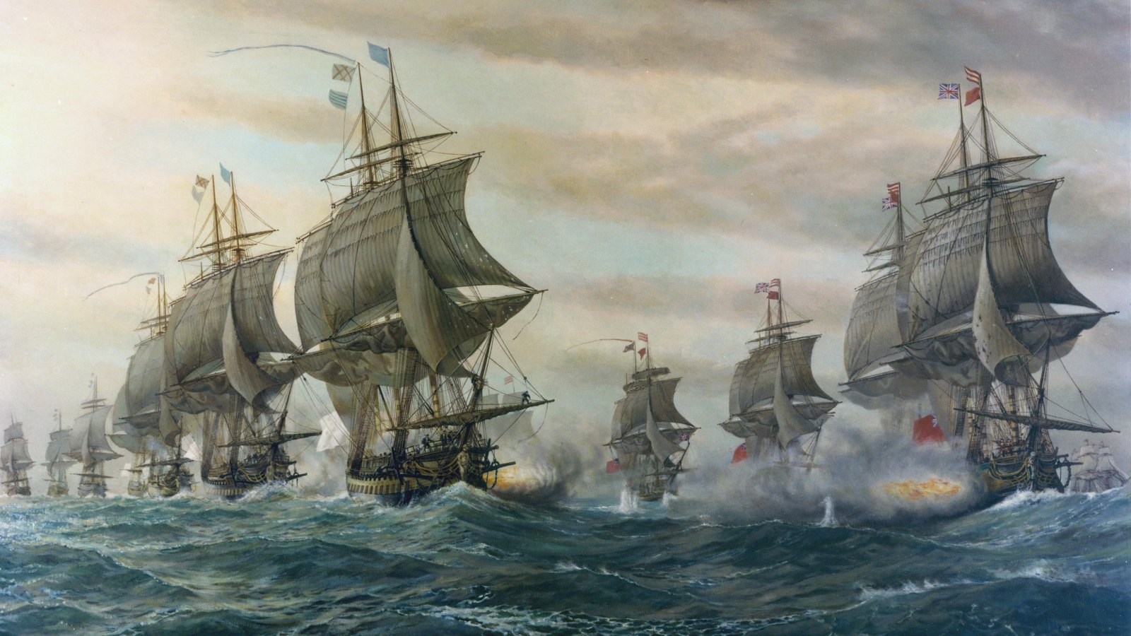 Painting of two lines of sailing warships firing broadsides at each other on a rough green sea, French ships under white flags on the left and British ships under red ensigns on the right
