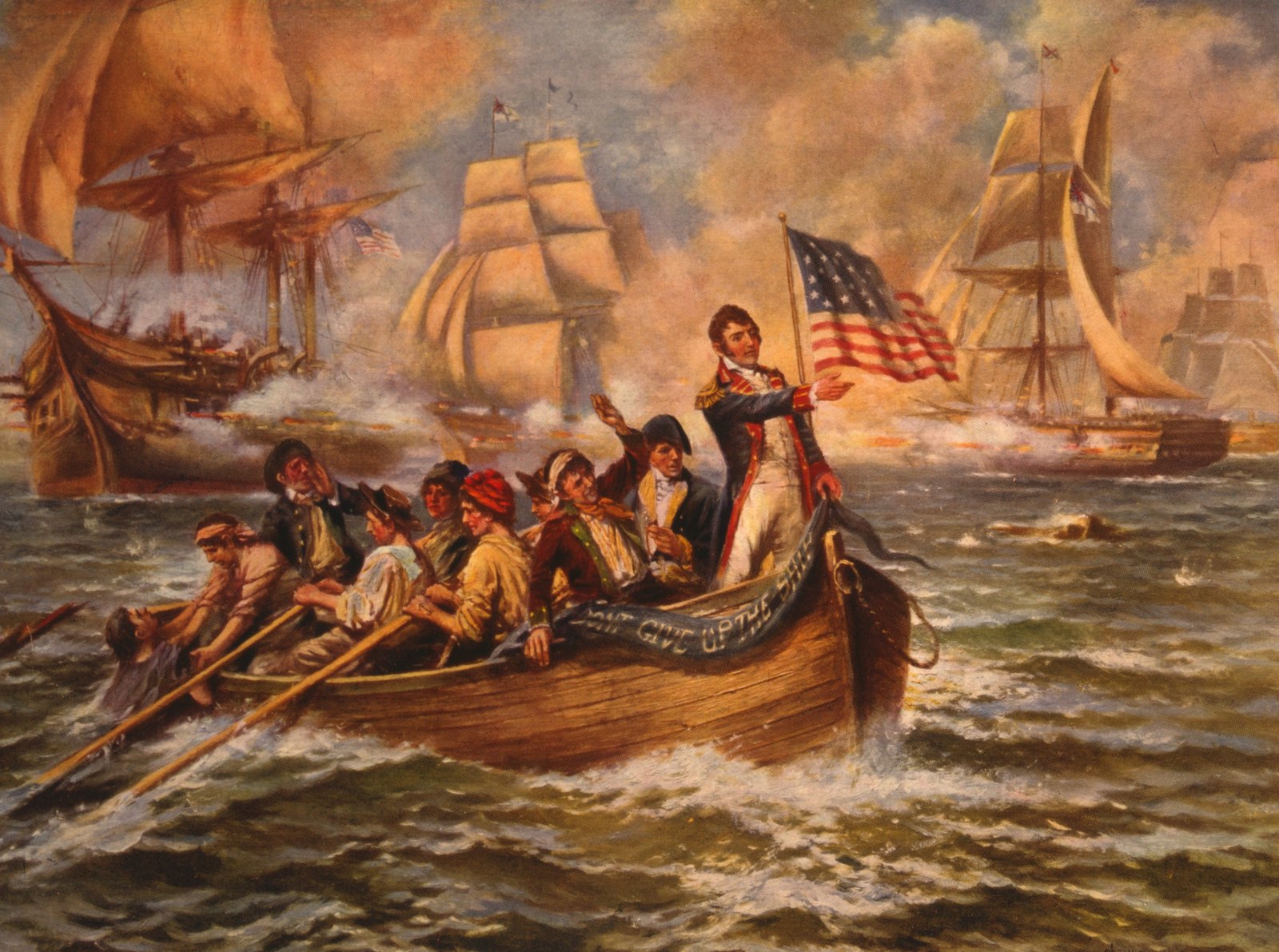 Obraz: Oliver Hazard Perry stoi w łodzi z flagą amerykańską, a marynarze wiozą go wiosłami przez dym bitwy na jeziorze Erie; w tle strzelające okręty.