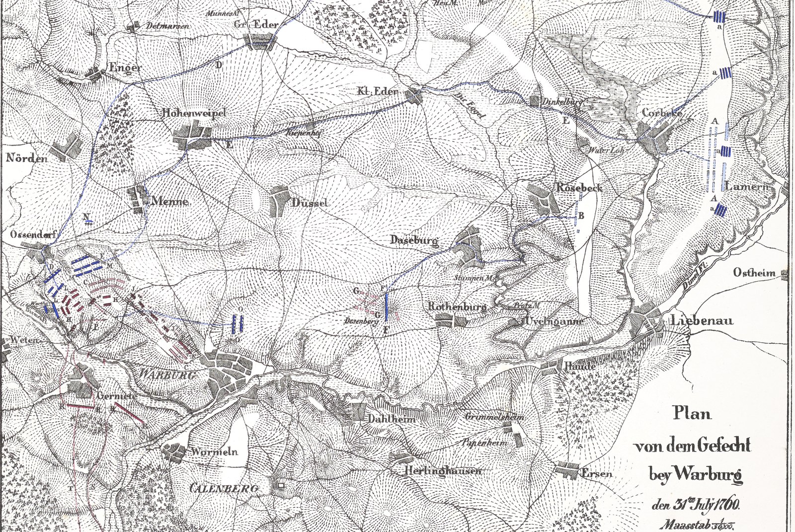 Nineteenth-century engraved battle plan of the country around Warburg on the Diemel, with hills drawn in hachures, villages, roads and blue and red blocks marking the positions of the Allied and French troops.