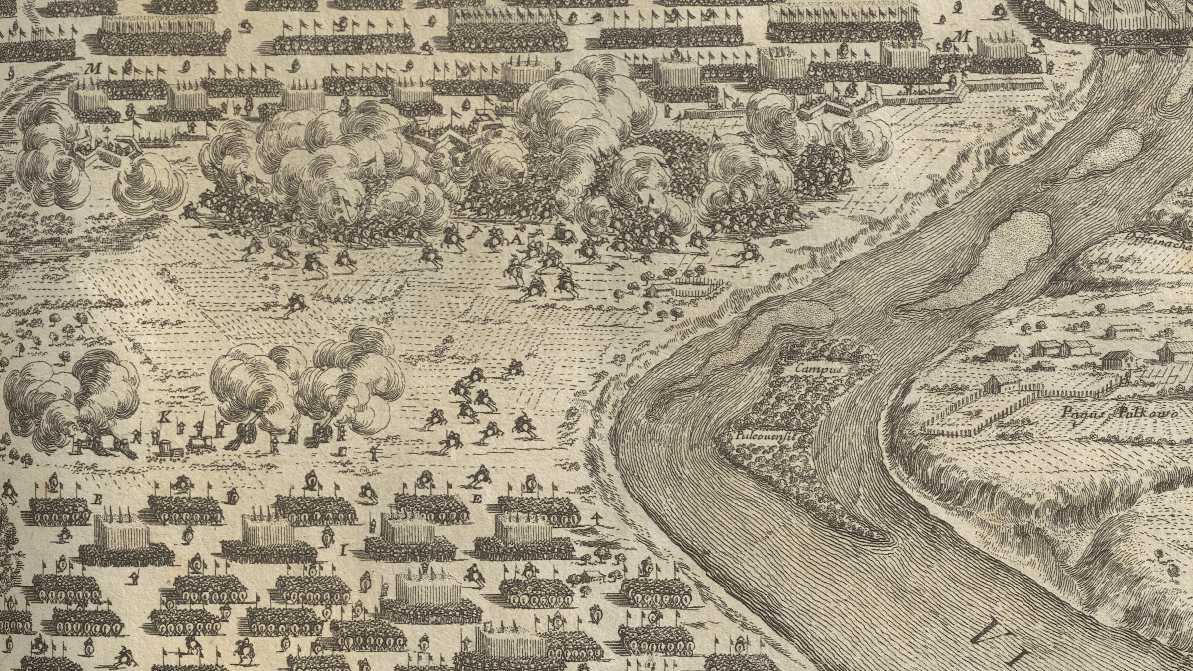 Copper engraving of a battle on a plain beside a wide river: cavalry squadrons clash in clouds of gunsmoke, rows of infantry and horsemen stand in formation, and a fortified camp lines the far side