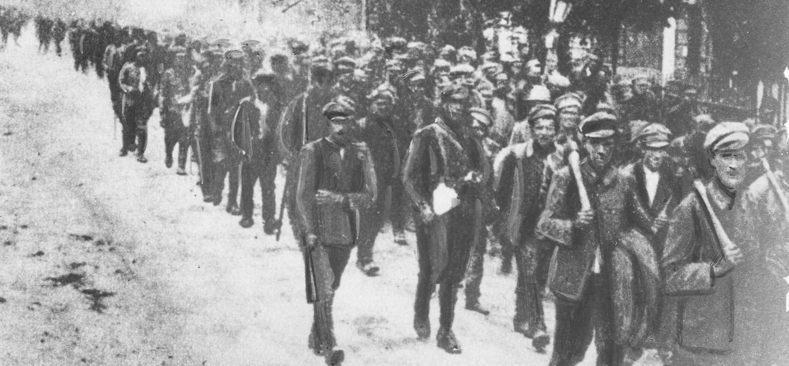 A long column of captured Red Army soldiers marches through Radzymin on 15 August 1920, during the Battle of Warsaw