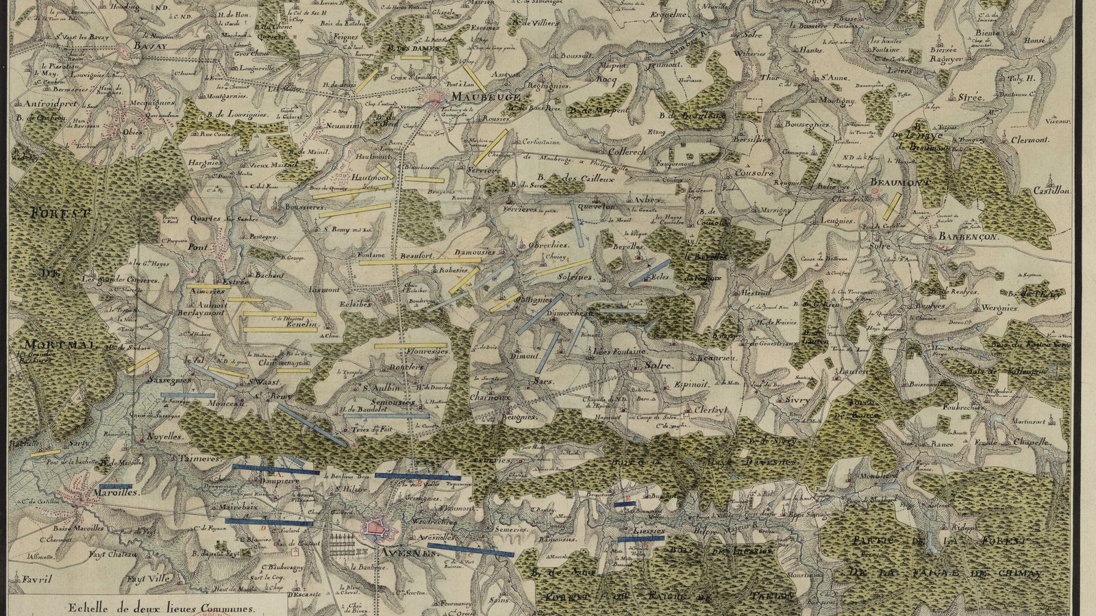 Hand-colored map of the country south of Maubeuge in 1793, with green woods, villages and rivers, and blue and yellow bars marking the positions of the armies.