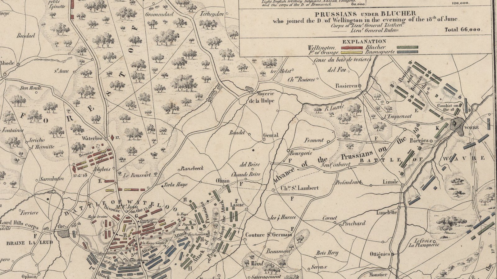 Hand-colored map of 1815 showing the country between Waterloo on the left and Wavre on the right, with the Forest of Soignes, villages, roads, the river Dyle and colored blocks for the armies, and the words Advance of the Prussians