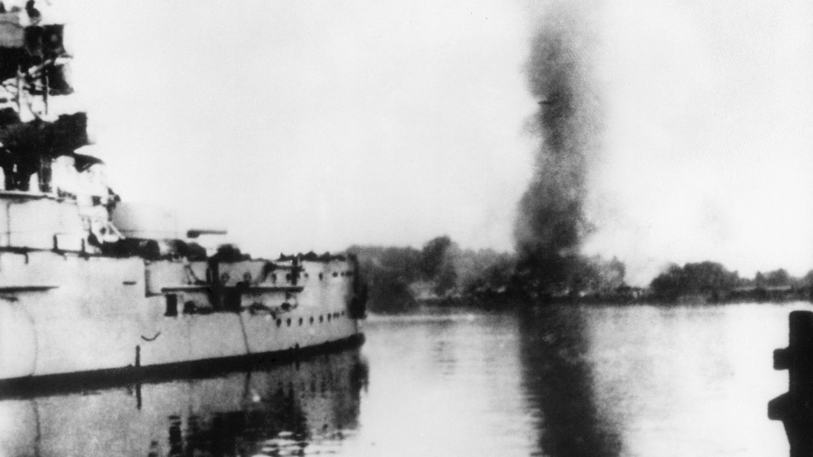 The German battleship Schleswig-Holstein shelling Westerplatte, September 1939