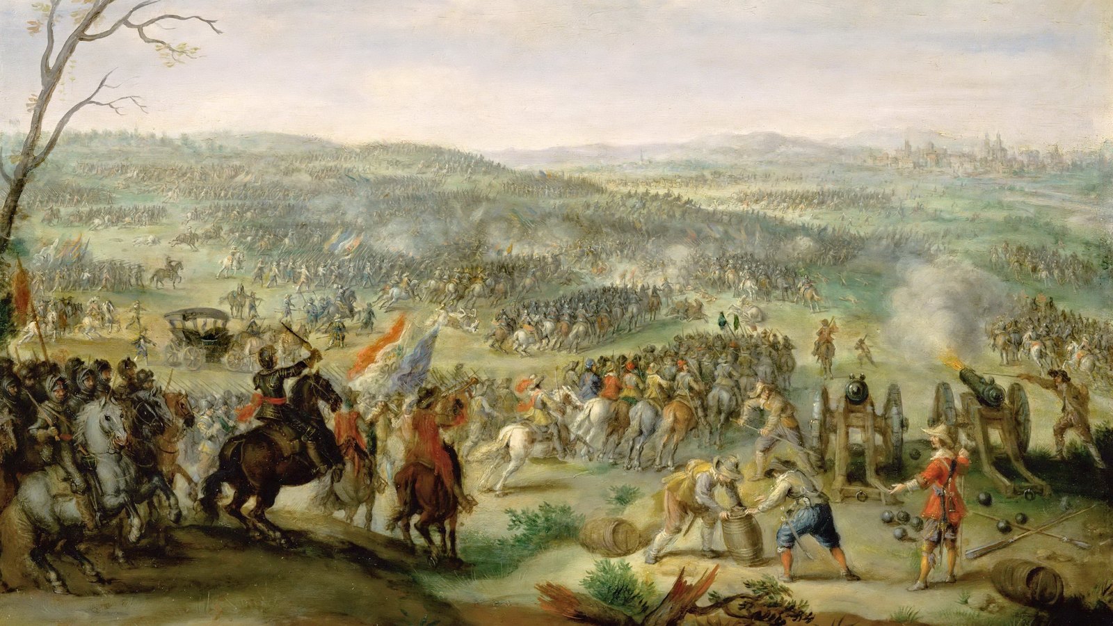Seventeenth-century painting of a battle on rolling green hills: cavalry and pikemen clash across the plain, gunners work two cannon in the foreground and a city with towers lies in the distance.