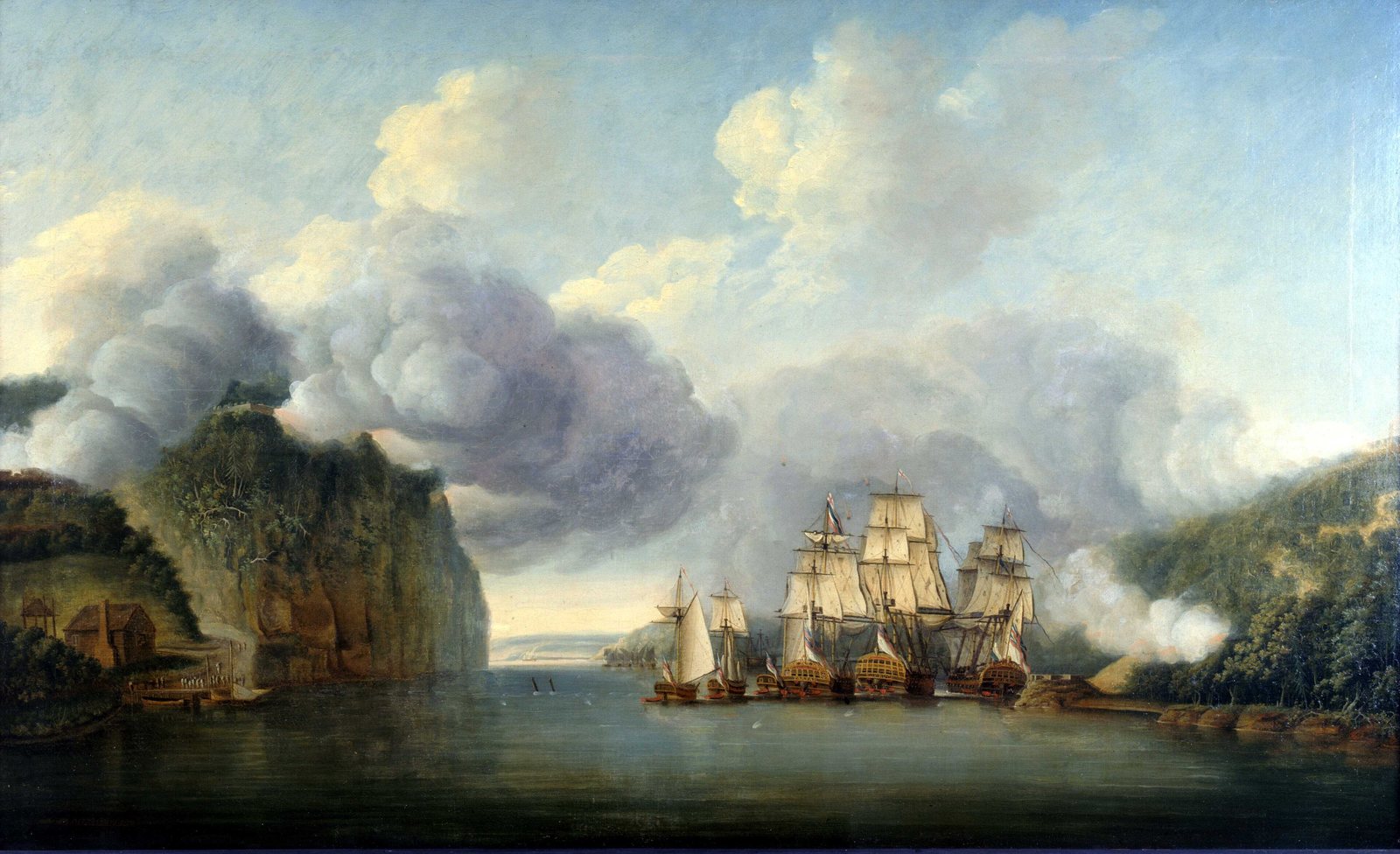Brytyjskie okręty pod pełnymi żaglami forsują Hudson między klifami a dymiącymi bateriami na brzegu w październiku 1776 roku