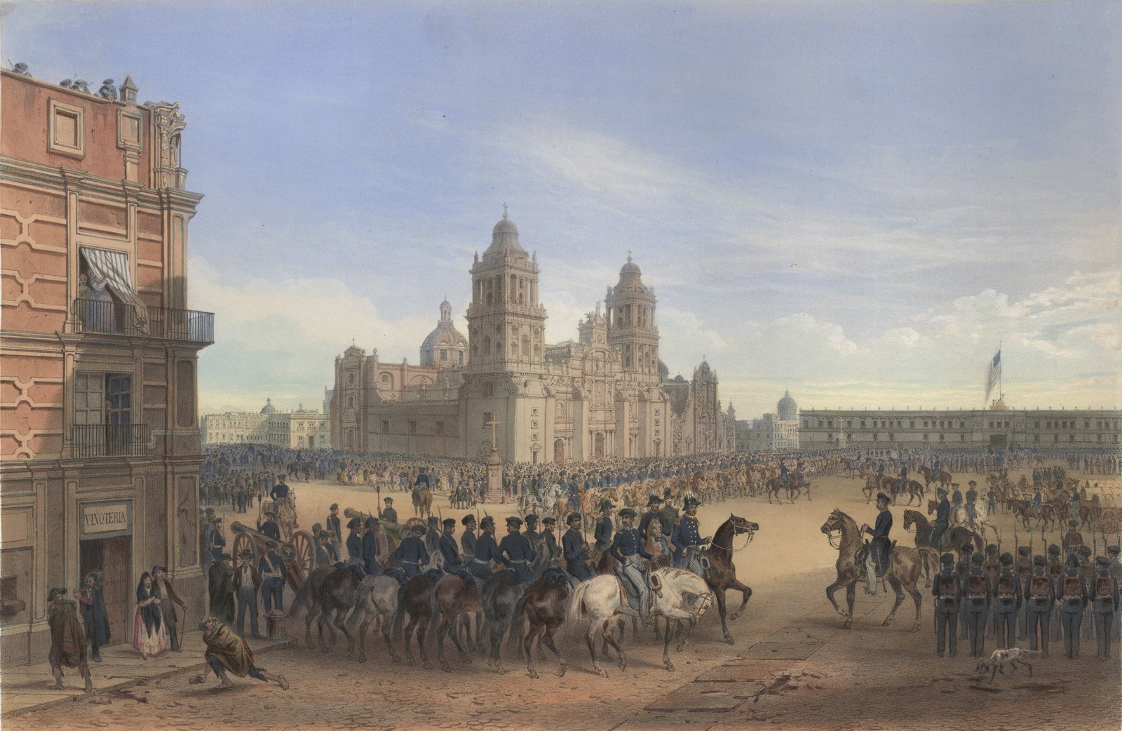 Carl Nebel's 1851 lithograph of General Winfield Scott and his staff riding into the main square of Mexico City in September 1847, before the cathedral, with the American flag over the National Palace