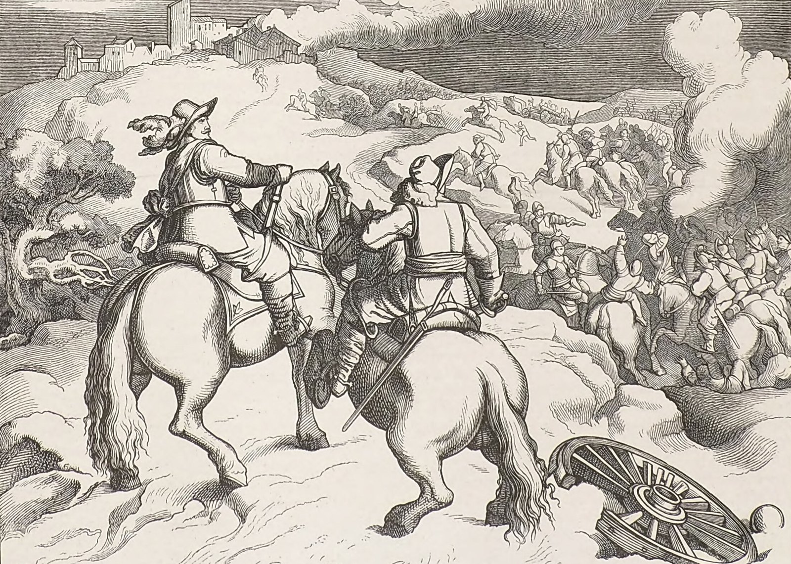 Nineteenth-century wood engraving of two cavalry officers in plumed hats on horseback watching a battle from a hillside, with charging horsemen and gunsmoke on the right, a broken wagon wheel in the foreground and a hilltop town behind.