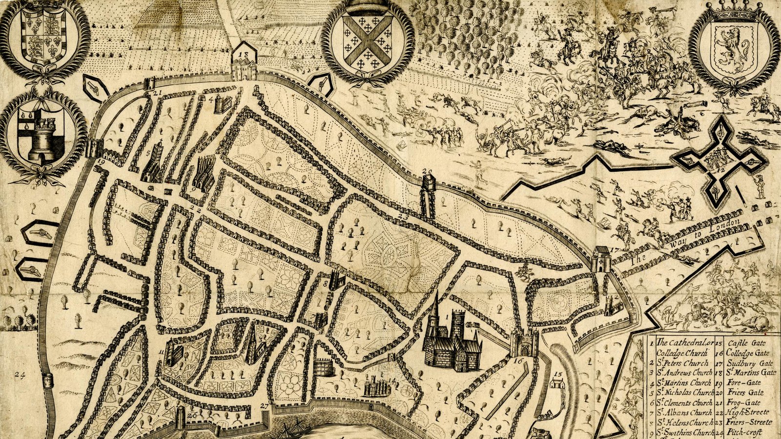 Engraved bird's-eye plan of Worcester in 1651 showing the walled city, the cathedral, the star-shaped Fort Royal, the River Severn with boats, and cavalry fighting in the fields beyond the walls.