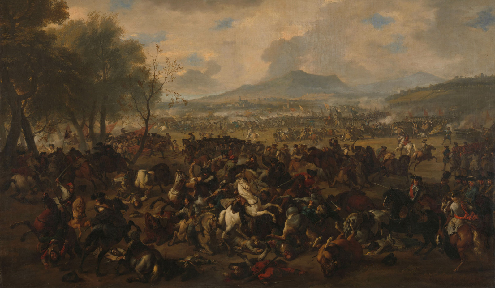 Oil painting of a cavalry battle: horsemen on white and brown horses slash at each other in a dense melee in the foreground, with lines of troops and gun smoke stretching across a plain toward hills on the horizon under a cloudy sky.
