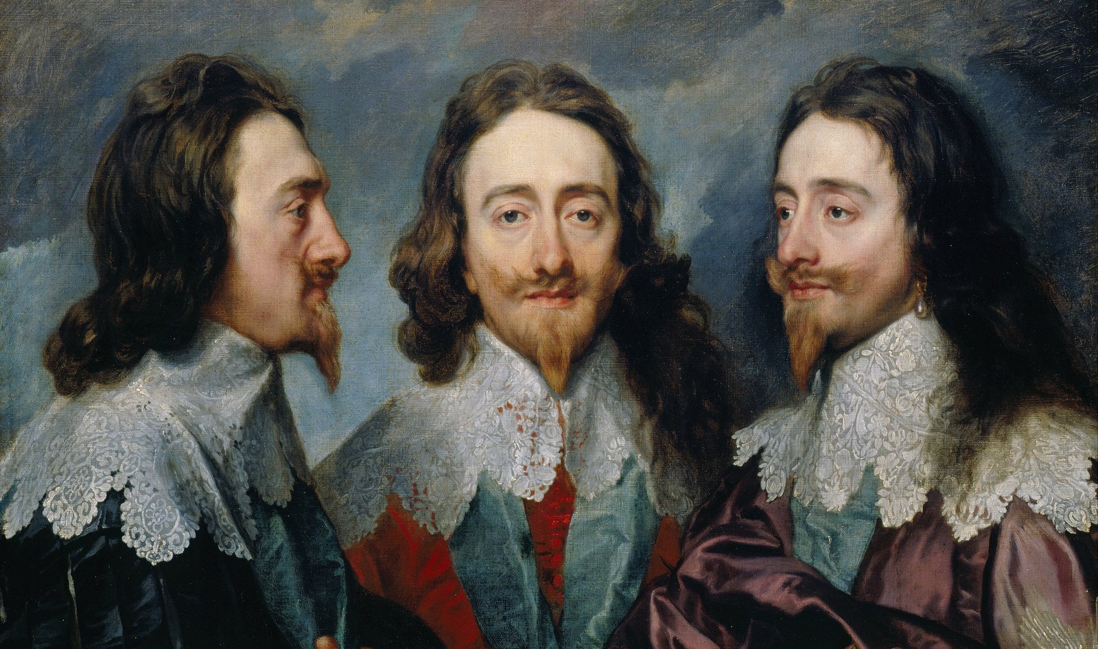 Oil painting of the same bearded king with long hair shown three times side by side, in profile, from the front and in three-quarter view, wearing lace collars against a cloudy sky.