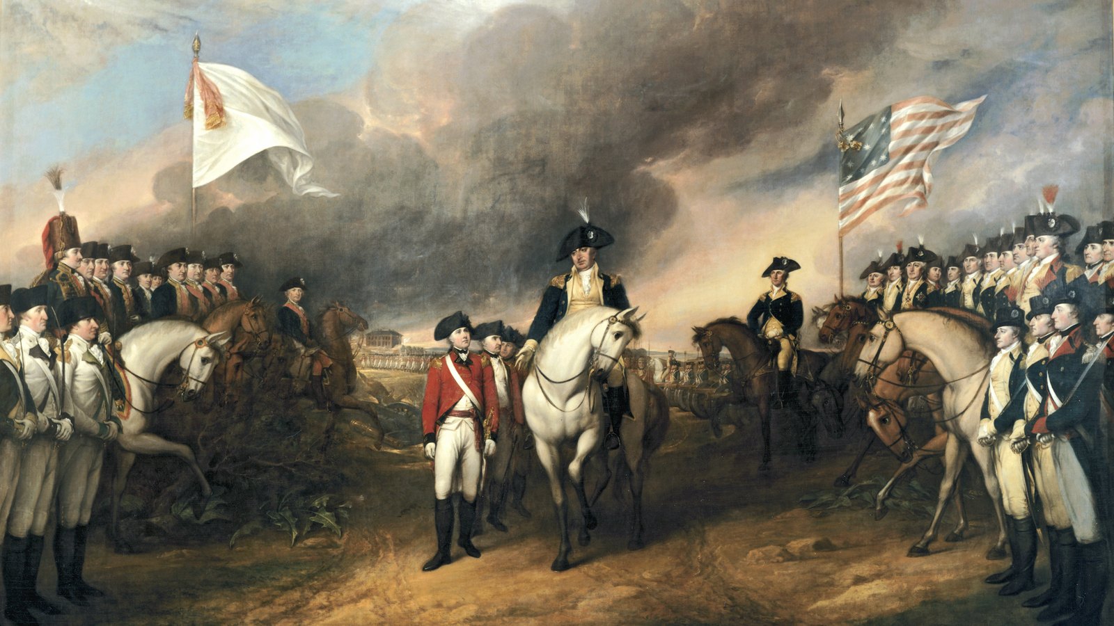 American and French officers accepting the British surrender at Yorktown in 1781