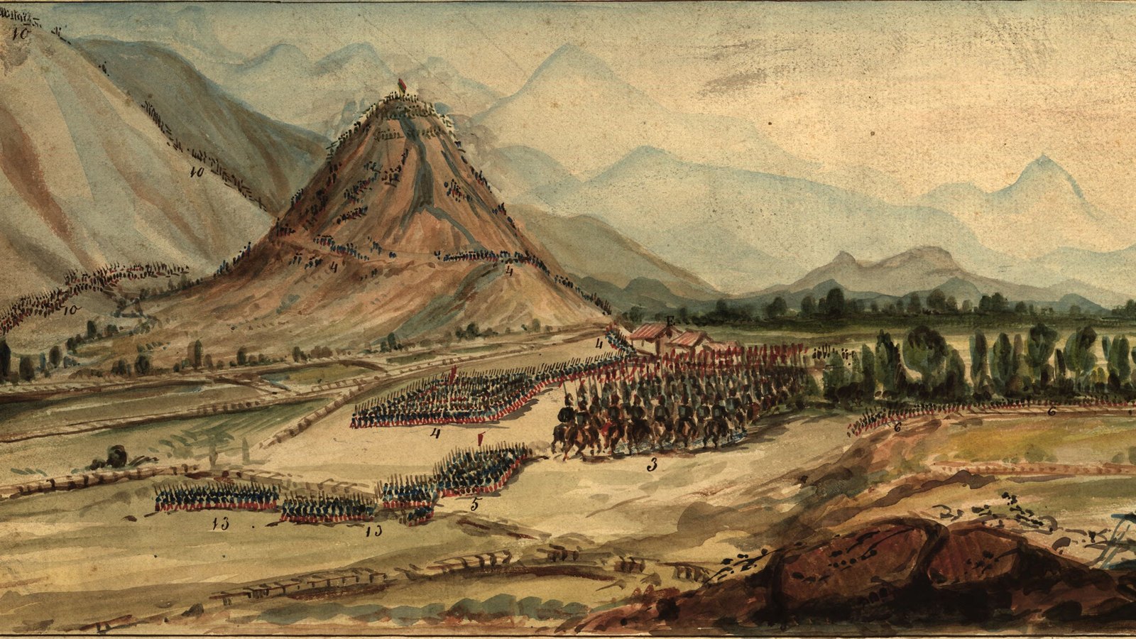 Watercolor of a steep conical hill in a mountain valley with lines of troops attacking up its slopes and columns of infantry and cavalry on the plain below, with pale mountain ranges behind.
