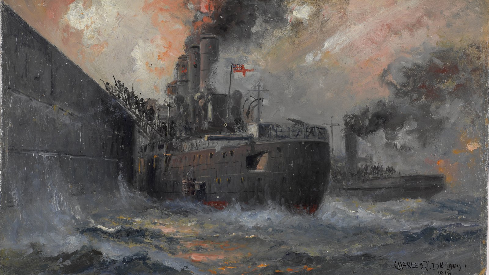 Painting of the cruiser HMS Vindictive lying against the high stone wall of the Zeebrugge Mole at night, sailors and marines climbing gangways onto the wall, with smoke, fire and heavy seas around the ship.