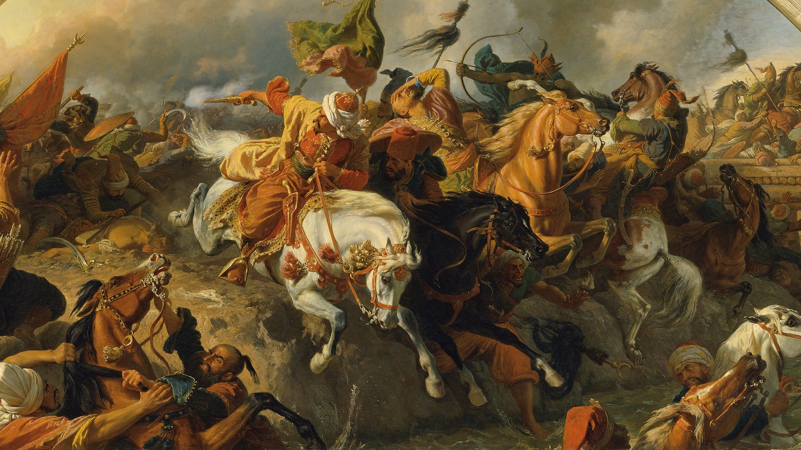 Painting of the Battle of Zenta: Ottoman horsemen in turbans and bright robes, one on a white horse in the center, fight and fall around a green banner as the battle spills into the river.