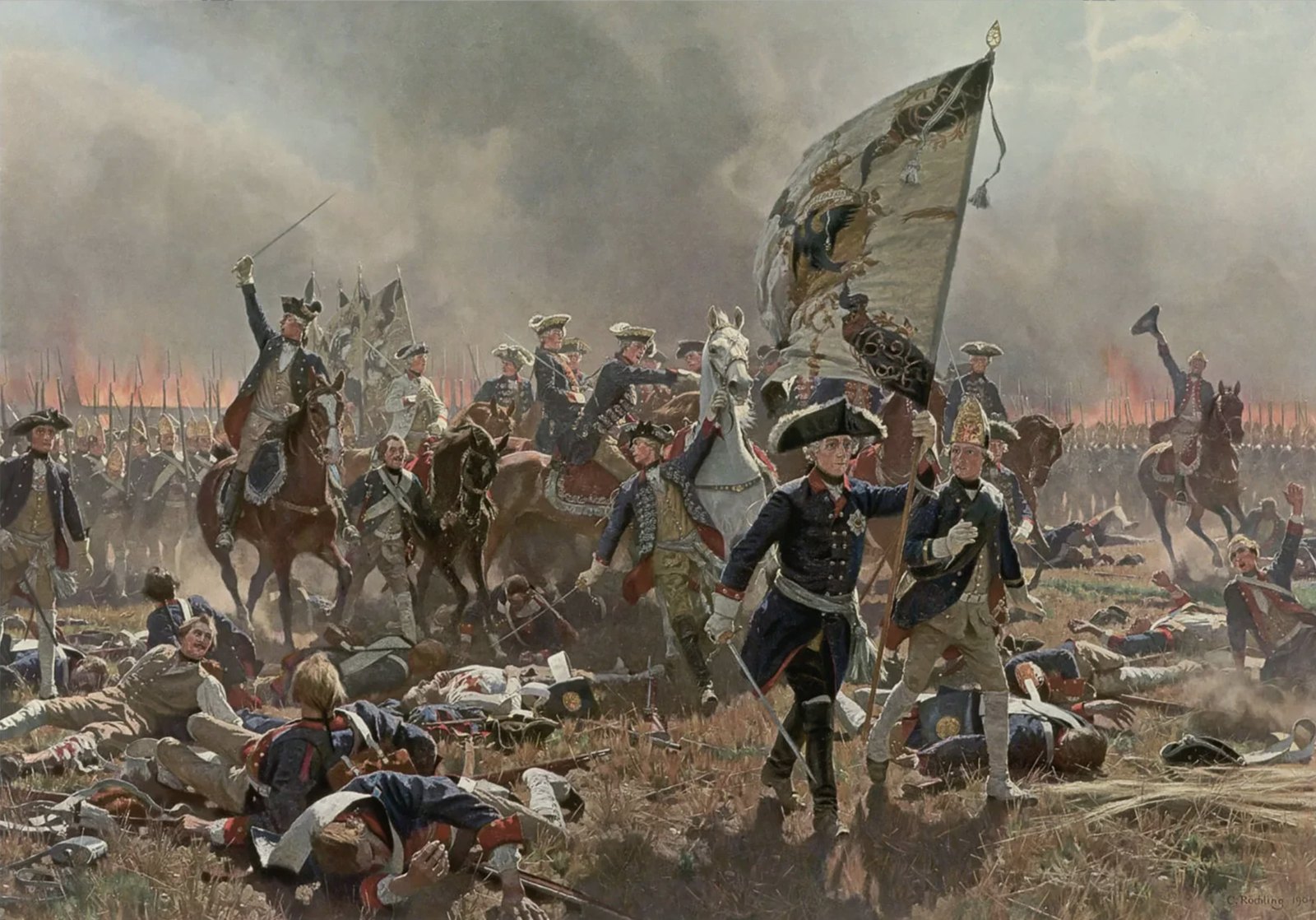 Painting of Frederick the Great on foot with a sword, beside a soldier holding a large Prussian flag, among fallen soldiers, with mounted officers and burning ground in the smoky background