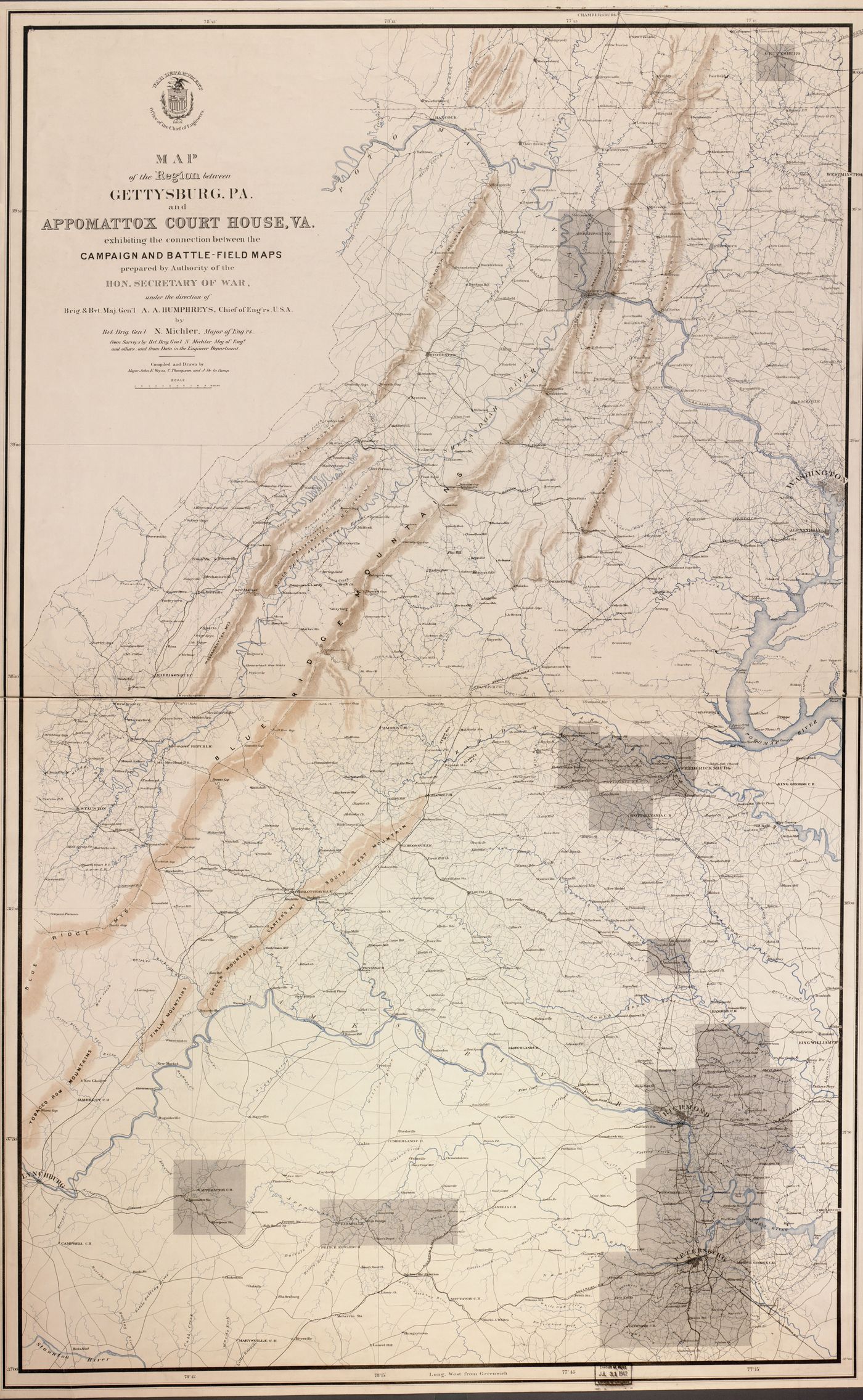 Engraved map of the region from Gettysburg, Pennsylvania, south through Maryland and Virginia to Appomattox Court House, with the Blue Ridge shaded in brown, rivers in blue and gray rectangles marking the battlefield survey sheets around Fredericksburg, Richmond and Petersburg.