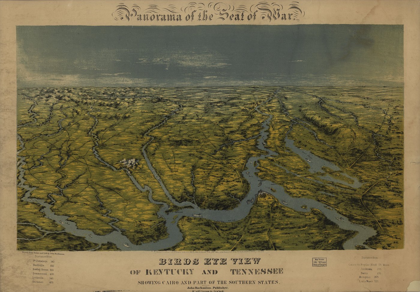 Colored bird's-eye map looking south over Kentucky and Tennessee: the Ohio River curves across the foreground past Cairo, with the Mississippi, Tennessee and Cumberland rivers winding south toward the horizon.
