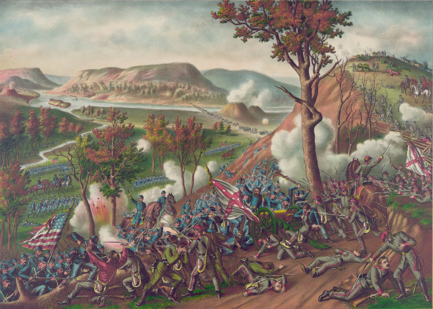Color print: Union infantry in blue storm a steep red-earth ridge and overrun a Confederate cannon, while autumn trees, a winding river and Lookout Mountain fill the valley behind.