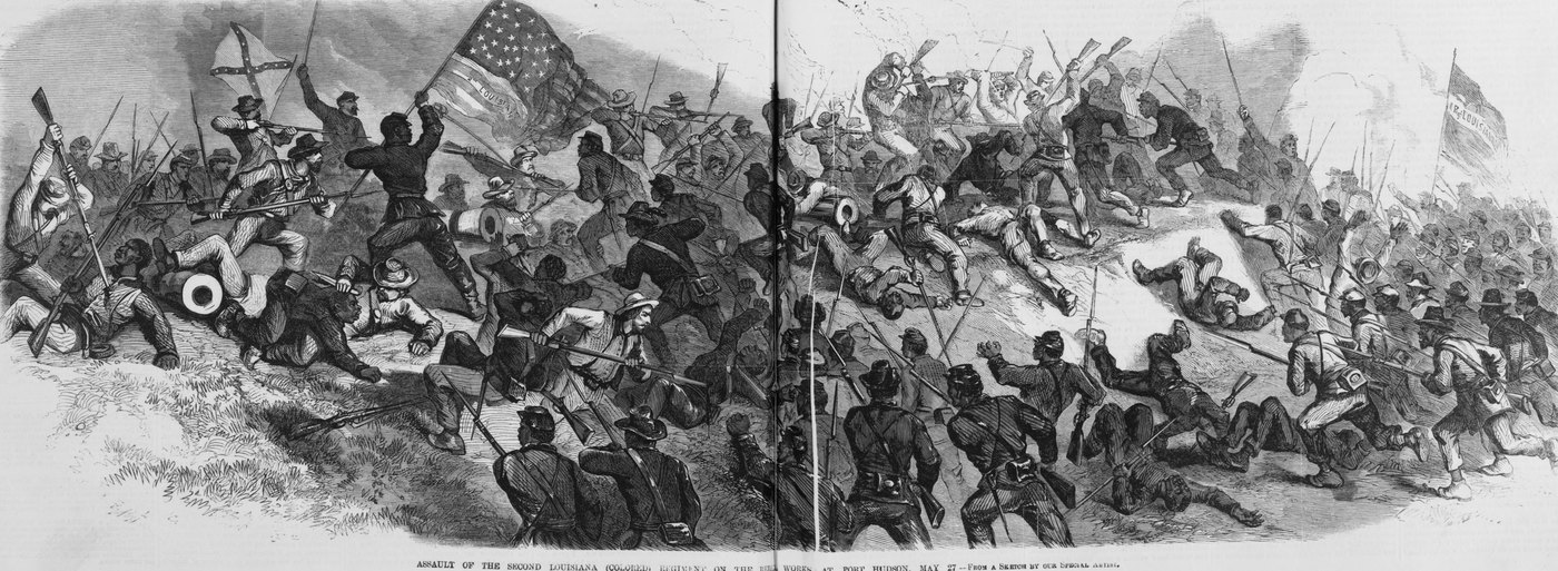 Black and white newspaper engraving: Black Union soldiers charge up an earthwork through smoke, one waving the Stars and Stripes, as Confederate defenders fight back at the top and wounded men fall on the slope.