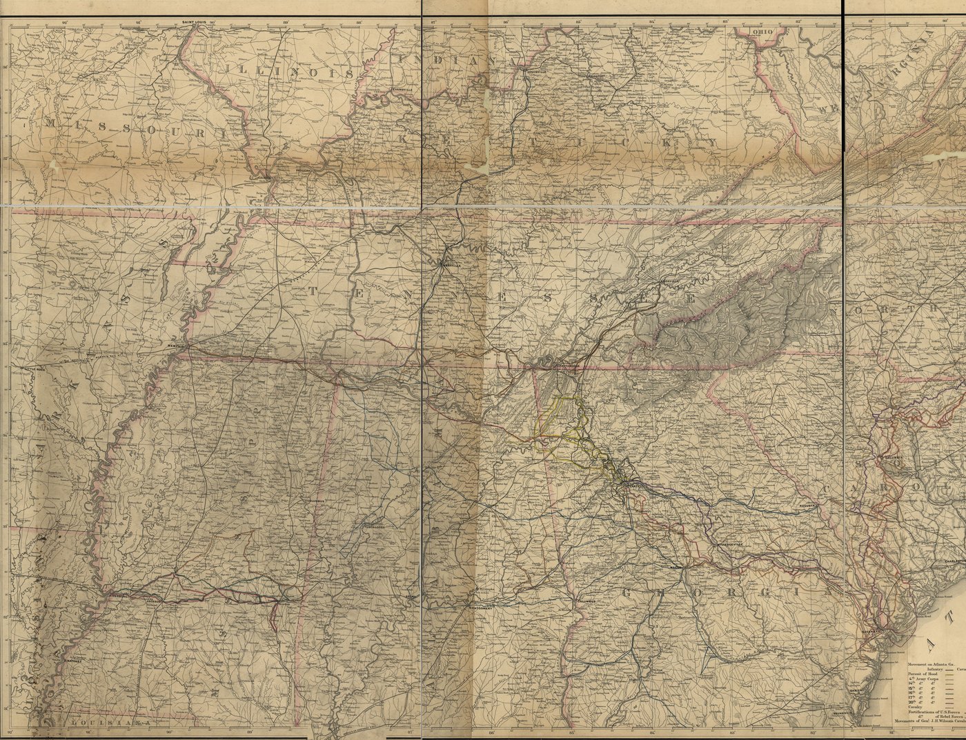 Detailed 1865 army map of Tennessee, Mississippi, Alabama and Georgia, with colored lines tracing Union marches from Memphis and Chattanooga south to Atlanta and on toward the Georgia coast.