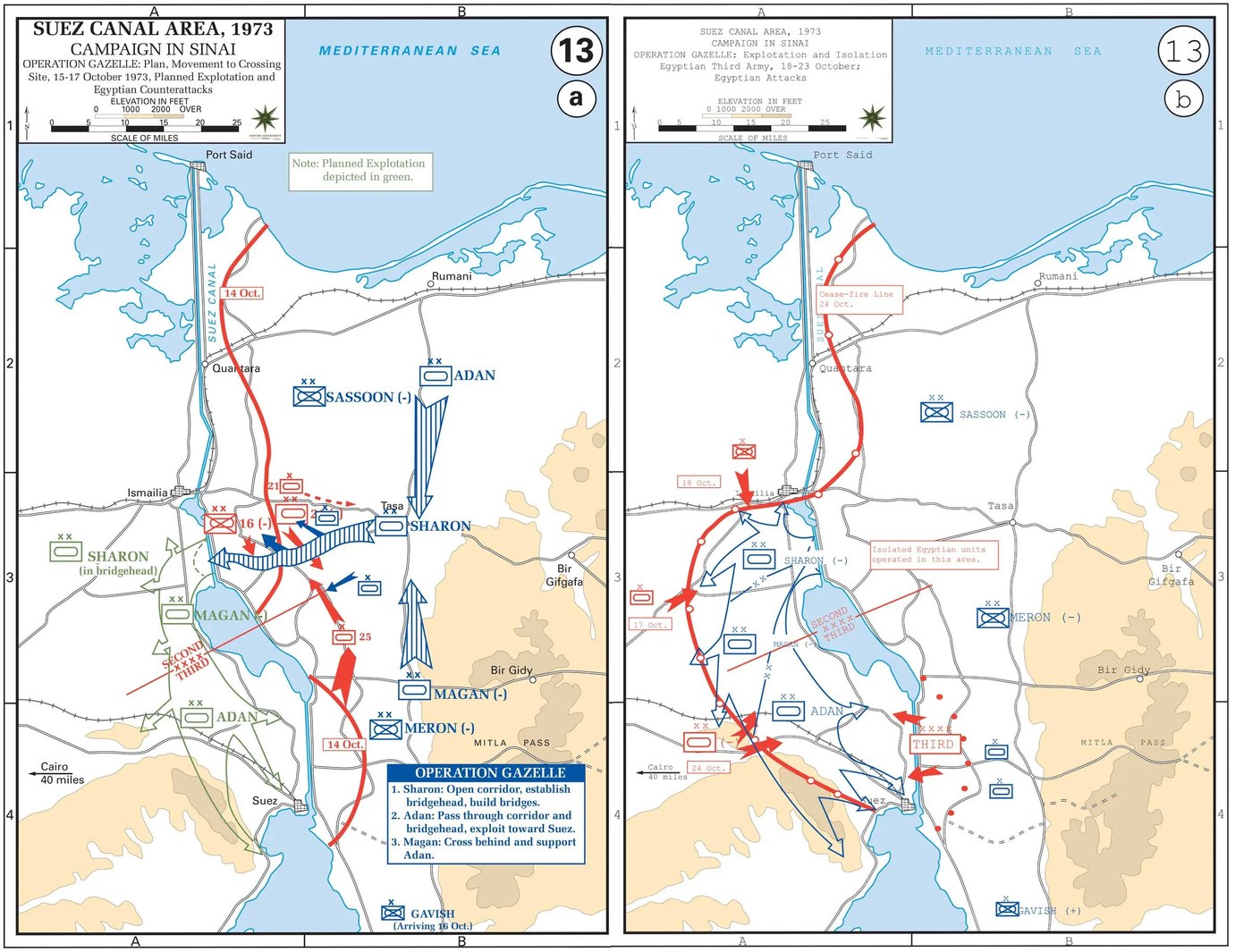 Two-panel color military map of the Suez Canal area in October 1973, from Port Said in the north to Suez in the south: Egyptian units in red east of the canal, Israeli divisions in blue, and arrows showing an Israeli crossing near the Great Bitter Lake and a drive south that cuts off the Egyptian Third Army.