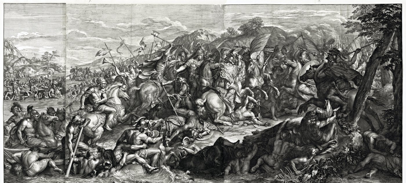 Black and white engraving of a cavalry battle on a riverbank: Alexander in a plumed helmet fights at the center of a mass of horsemen with lances and banners, while wounded and dead men and horses lie in the river in the foreground.