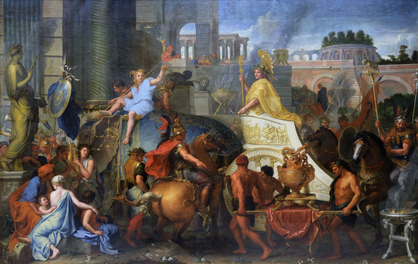 Oil painting of a triumphal procession: Alexander in a golden robe and helmet rides a gilded chariot drawn past a column and statue, preceded by an elephant, horsemen and bare-chested men carrying a large golden vase.