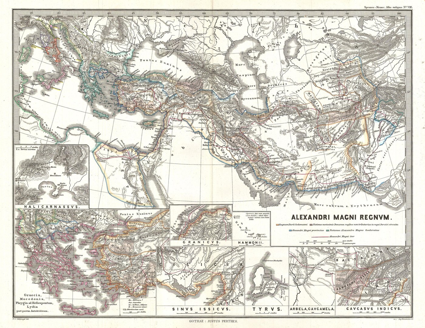 Nineteenth-century hand-colored map titled Alexandri Magni Regnum, showing the lands from Greece and Egypt to the Indus with Alexander's route in red, and small inset plans of Halicarnassus, the Granicus, Issus, Tyre, Gaugamela and the Hindu Kush.
