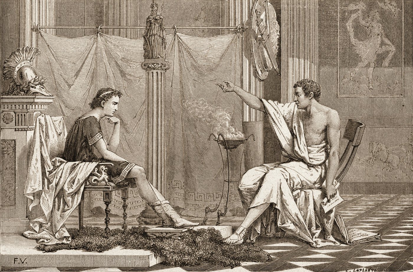 Engraving of a bearded philosopher pointing as he instructs a seated youth