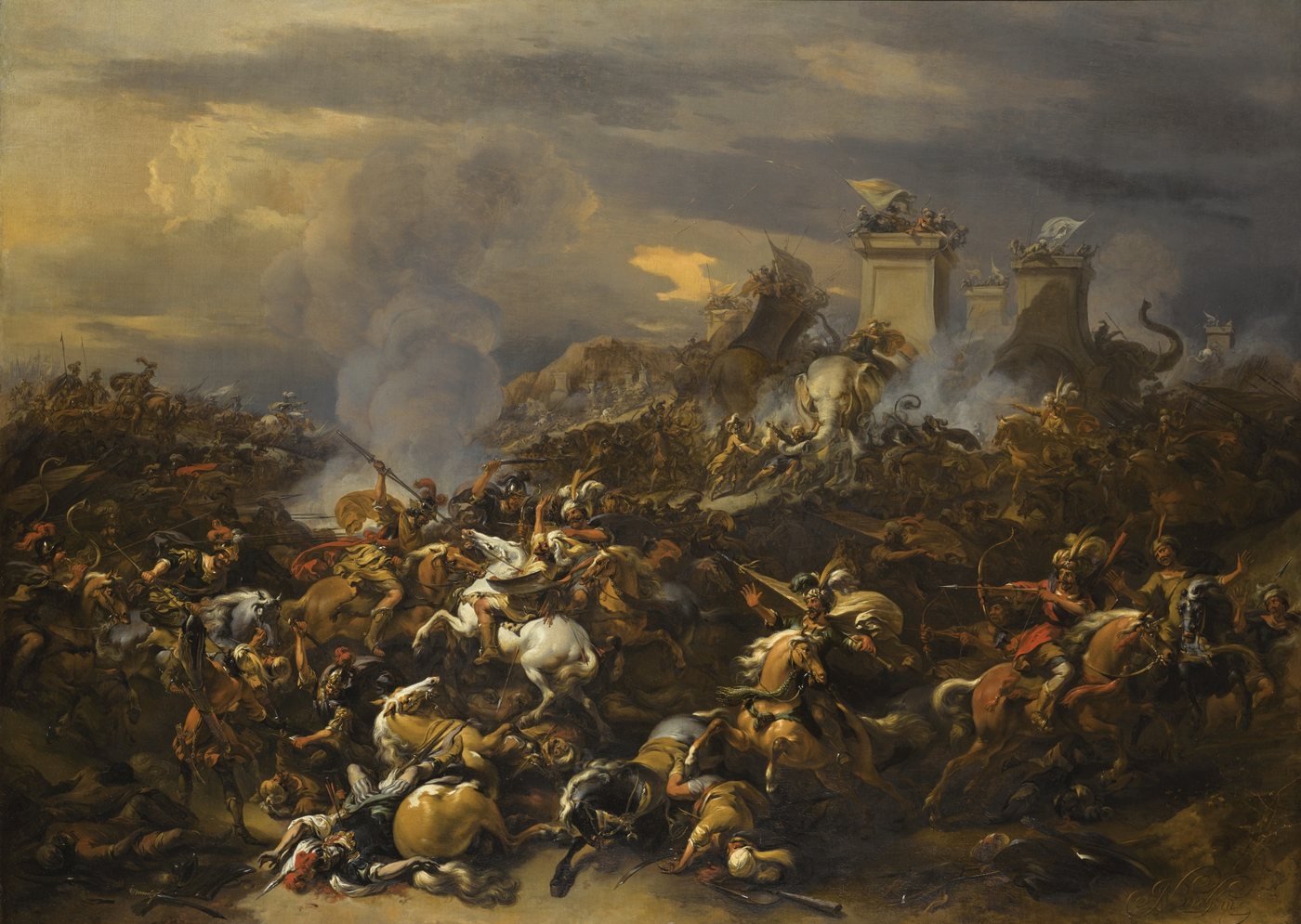 Baroque painting of a chaotic battle with cavalry and war elephants amid smoke