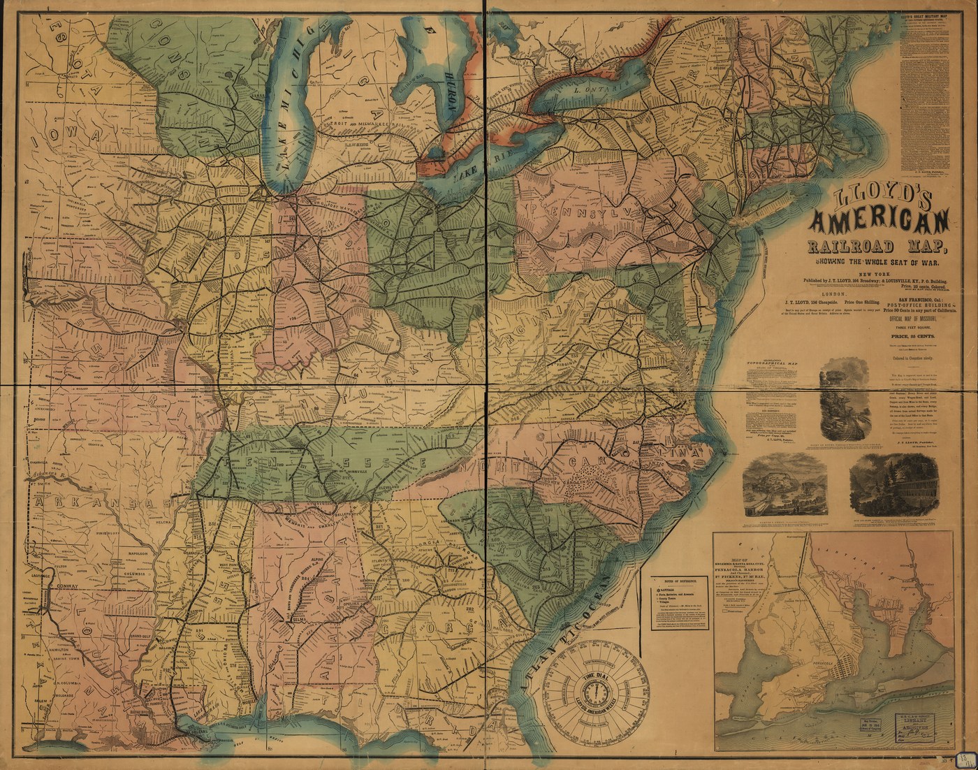 Hand-colored 1861 map of the eastern United States from the Great Lakes to the Gulf of Mexico, crossed by a dense network of railroad lines, with an inset of Pensacola harbor at the lower right.