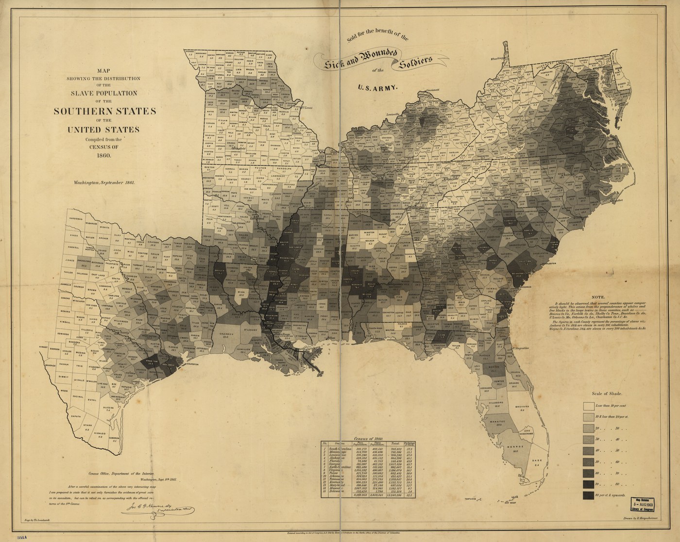 Map of the Southern states in 1860 with each county shaded from light to dark gray by the share of its population held in slavery, darkest along the Mississippi and the South Carolina coast.