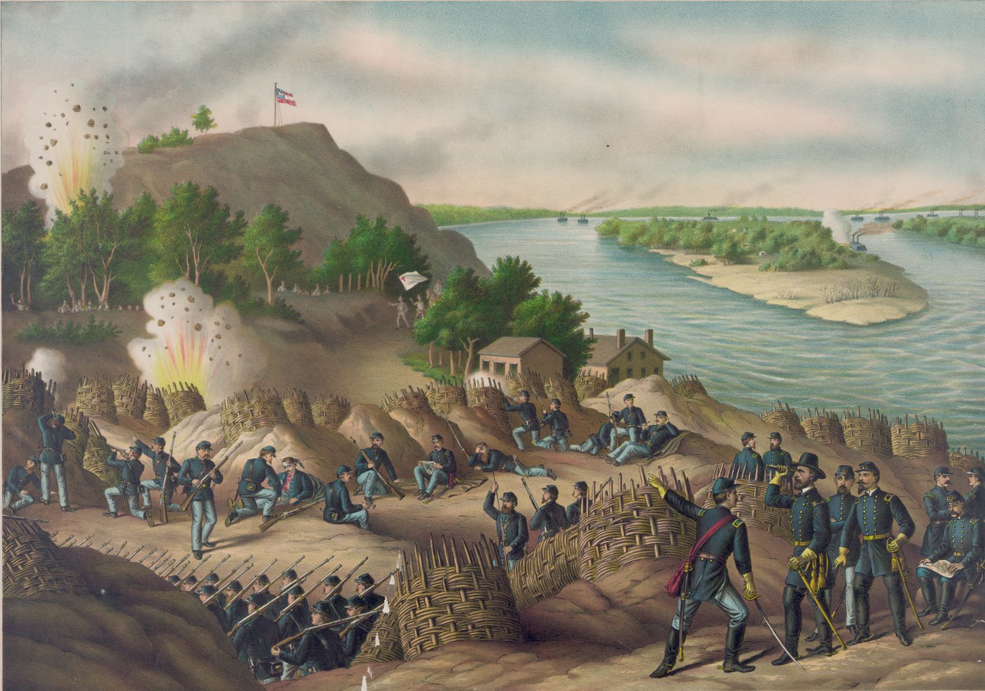 Color print of Union soldiers in trenches lined with wicker gabions on a bluff above the Mississippi, officers in the foreground, shells bursting on a hill flying a Confederate flag and a white flag raised beyond.