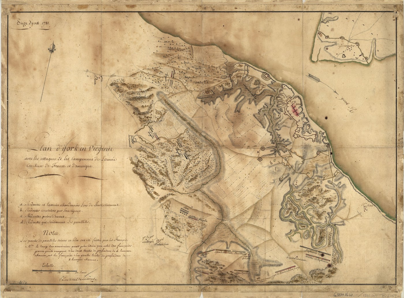 Hand-drawn eighteenth-century French plan of Yorktown on the York River, with the town's earthworks, the allied siege lines and camps drawn in red and blue, and Gloucester Point in an inset at top right.